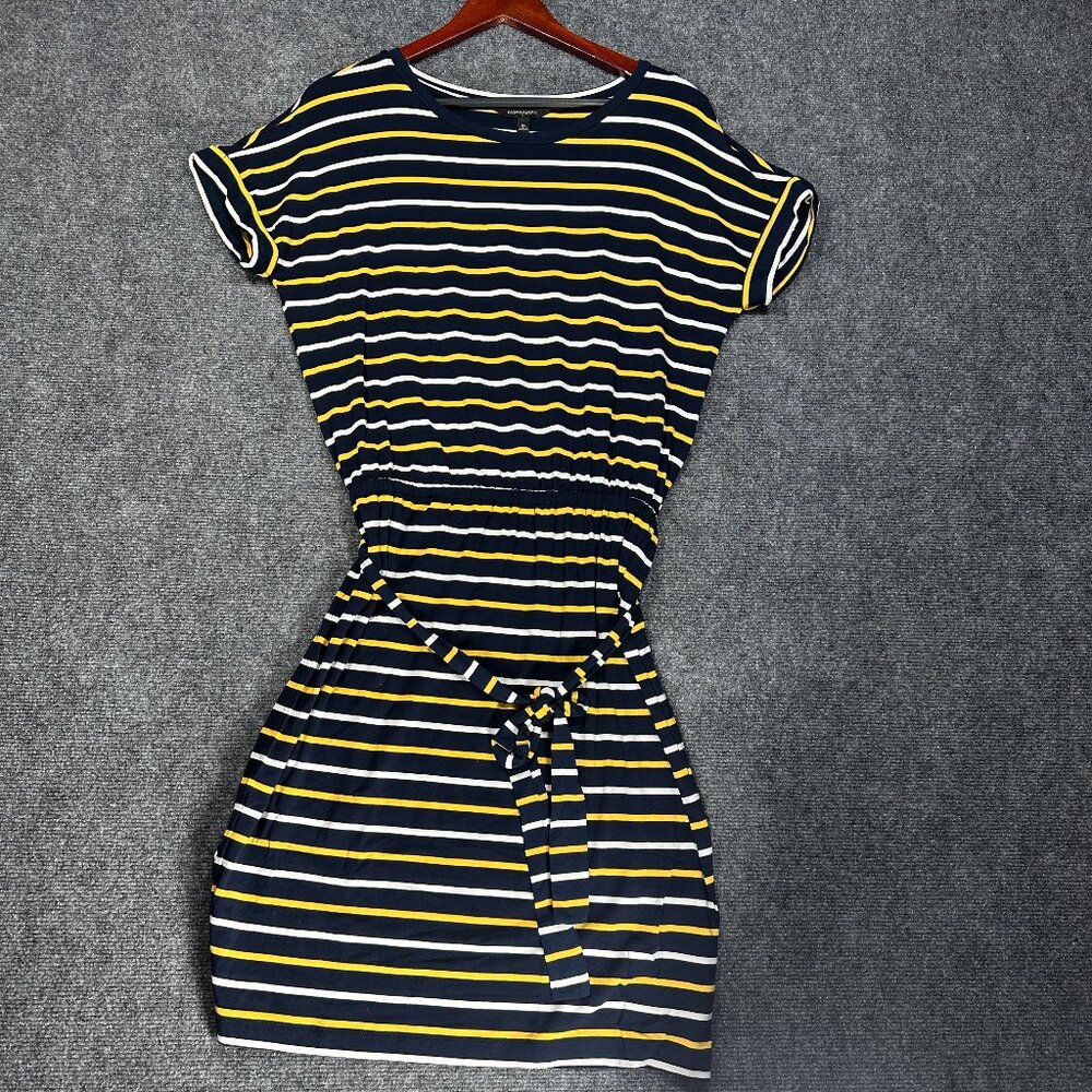 Banana Republic T Shirt Dress Womens  Medium Blue Yellow Stripe Stretch Tie Belt